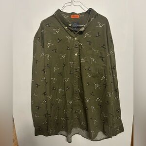 St. John's Bay Ecletic Grandpa Style Olive Shirt with Bird Duck Pattern